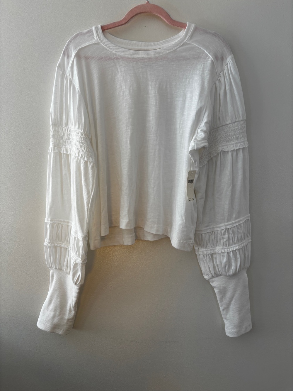 NWT Pilcro Anthropologie Ruched Smocked Long Sleeve White Top Large 100% Cotton